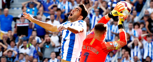 Barcelona goalkeeper Marc-Andre ter Stegen grabs ball against Real Sociedad