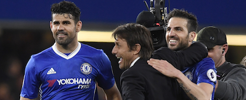 Ex-Chelsea boss Antonio Conte with Diego Costa and Cesc Fabregas