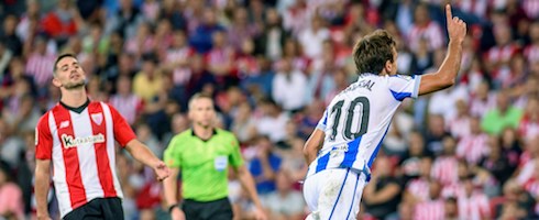 Real Sociedad's Mikel Oyarzabal celebrates against Athletic Bilbao