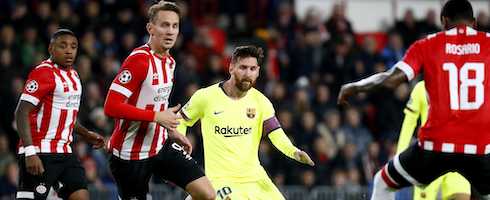 Barcelona's Lionel Messi against PSV
