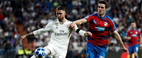 Real Madrid's Sergio Ramos against Viktoria Plzen