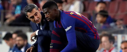 Barcelona boss Ernesto Valverde with Ousmane Dembele