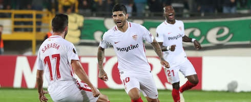 Sevilla's Ever Banega celebrates with Pablo Sarabia