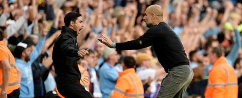 Mikel Arteta and Pep Guardiola at Manchester City