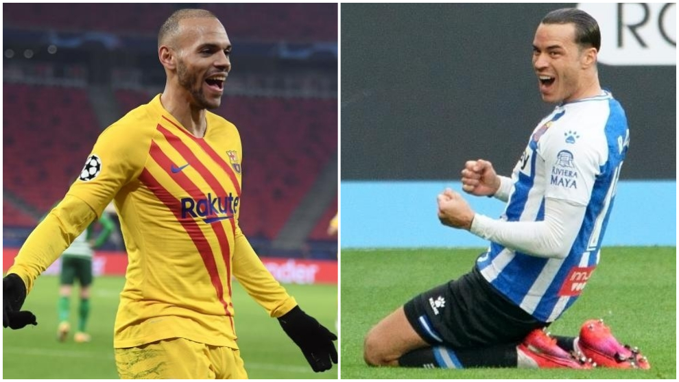 Barcelona striker Martin Braithwaite and Espanyol striker Raul de Tomas