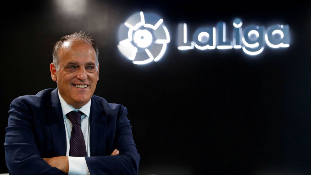 Javier Tebas in front of the La Liga logo