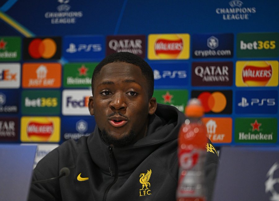Ibrahima Konate speaks to the press before the Champions League