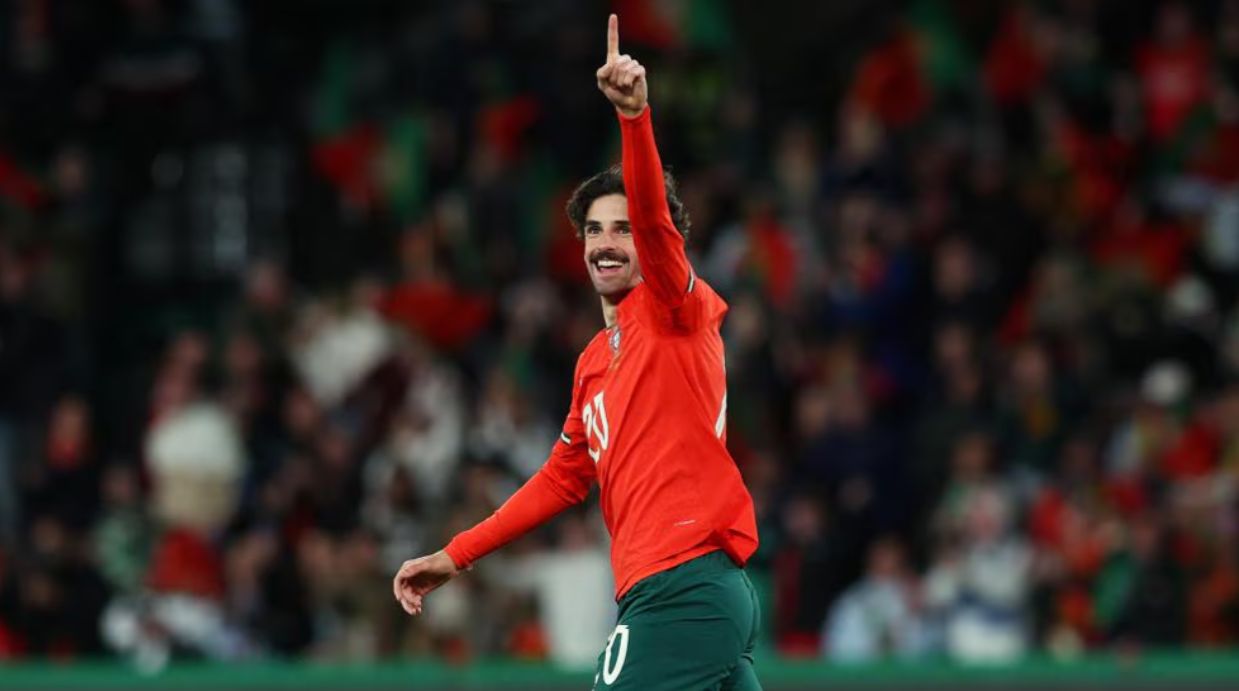 Trincao celebrates a goal for Portugal.