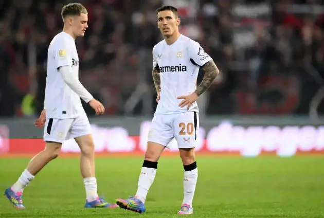 Grimaldo in action for Leverkusen.