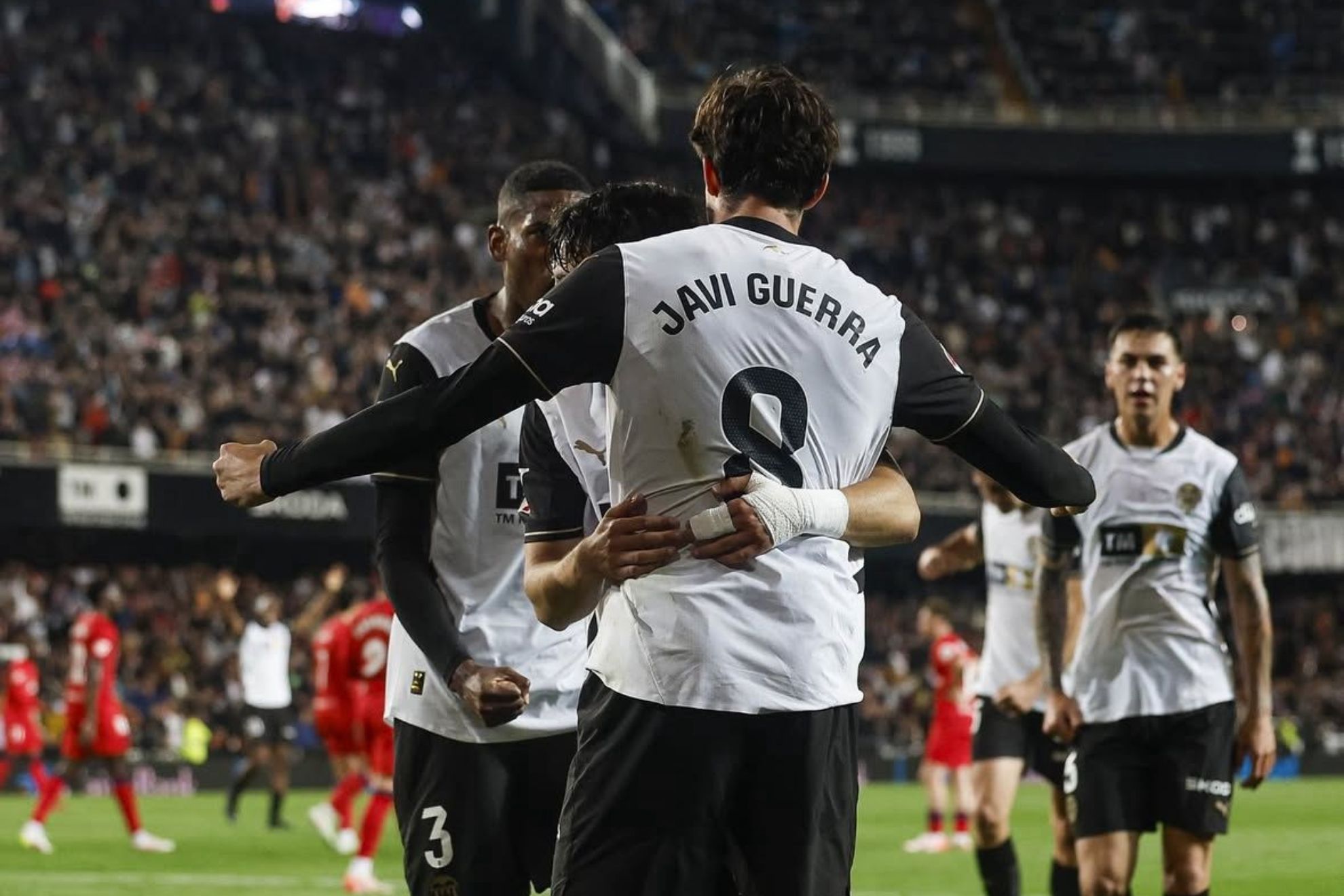 Javi Guerra celebrates his goal against Sevilla.