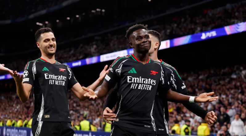 Bukayo Saka celebrates against Real Madrid
