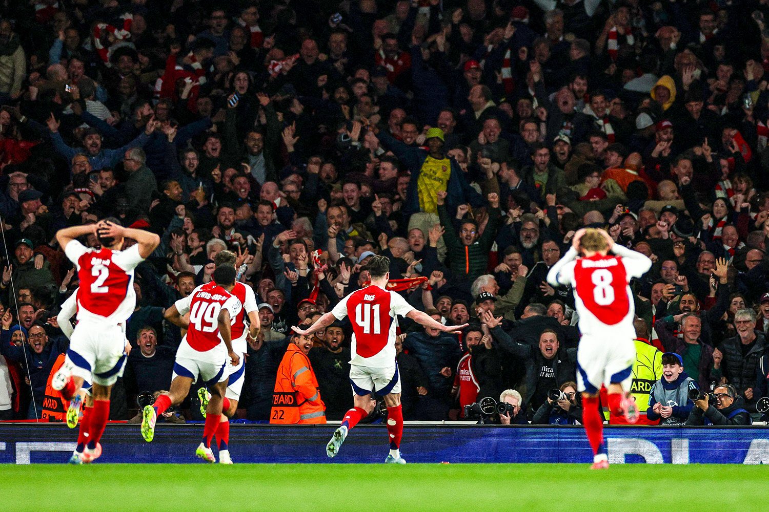 Rice celebrates against Real Madrid.