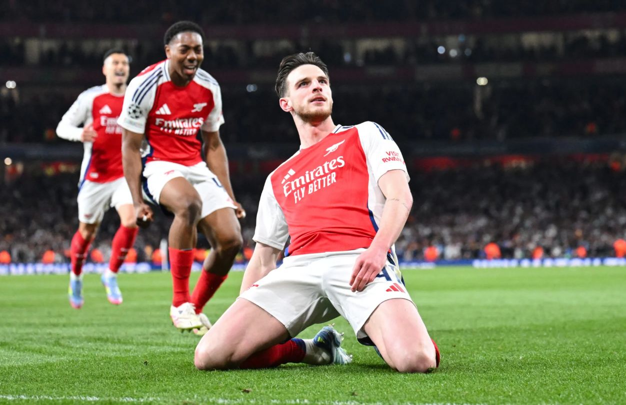 Rice celebrates against Real Madrid.