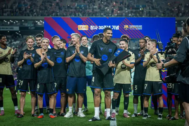 Barcelona players after their game agaisnt FC Seoul.