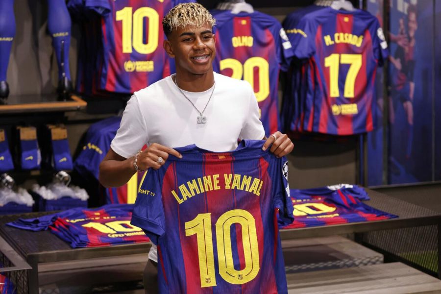 Lamine Yamal reacts to scoring his first goals as Barcelona's