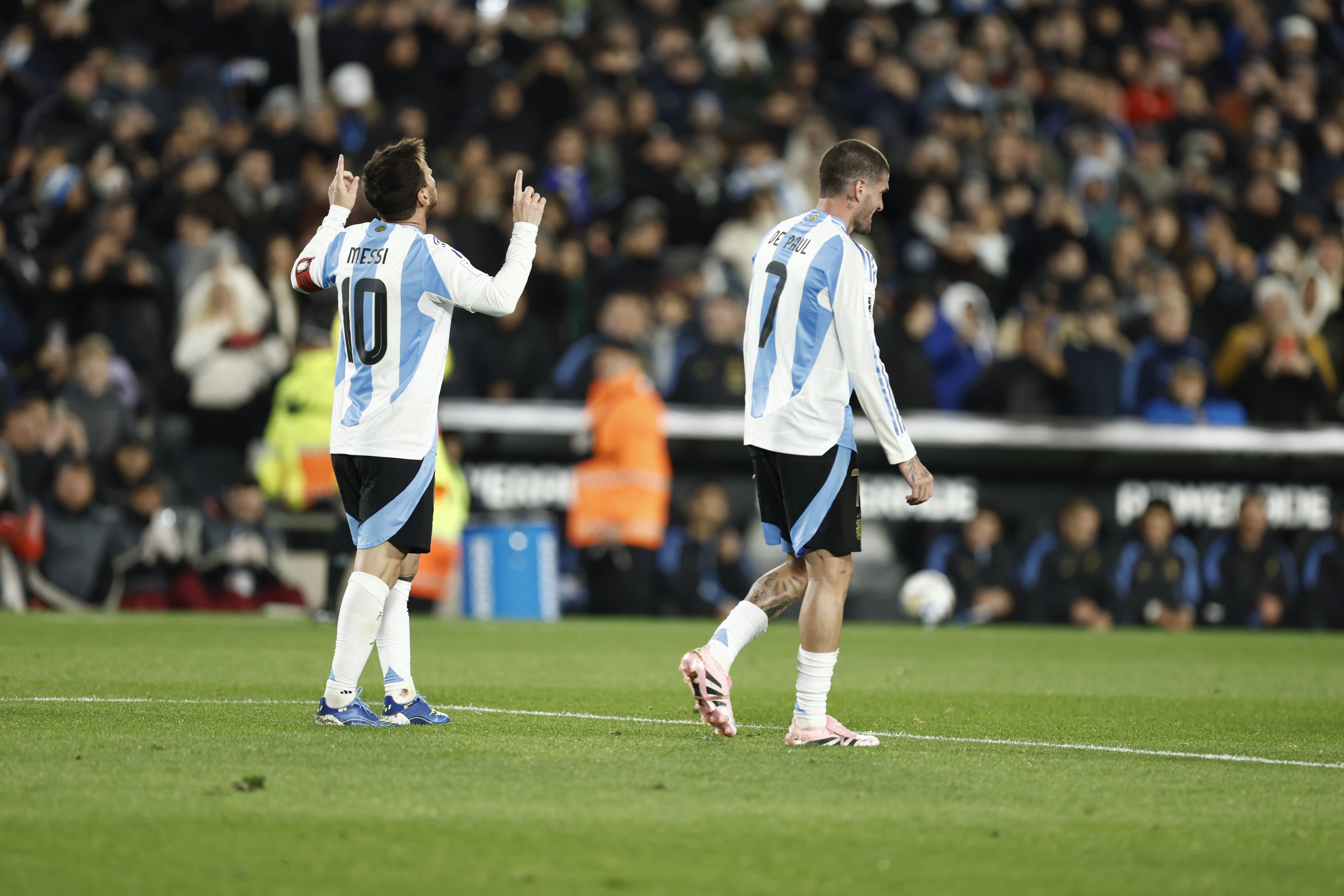 Messi celebrates against Venezuela.