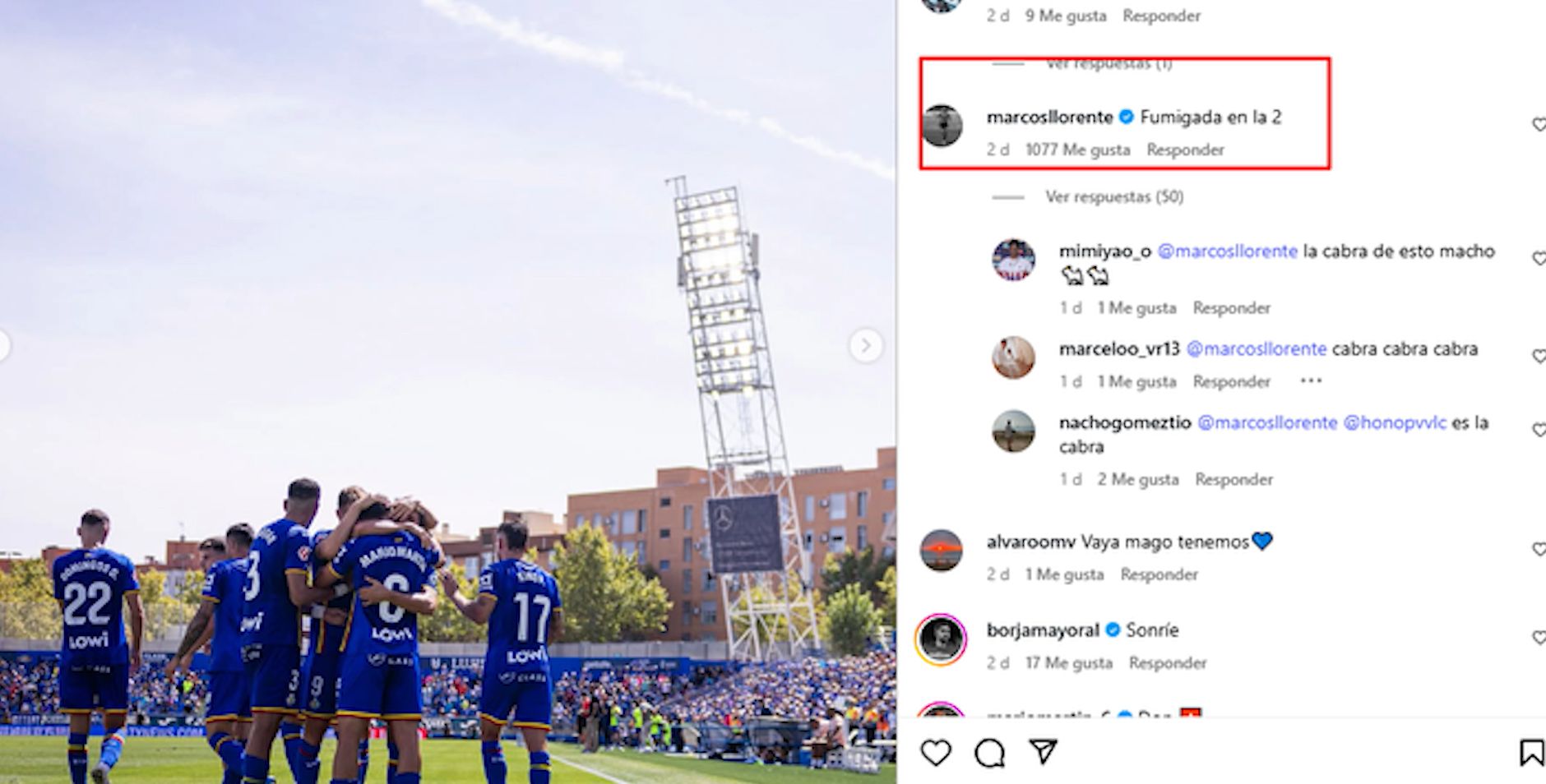 Llorente's comment on Instagram.