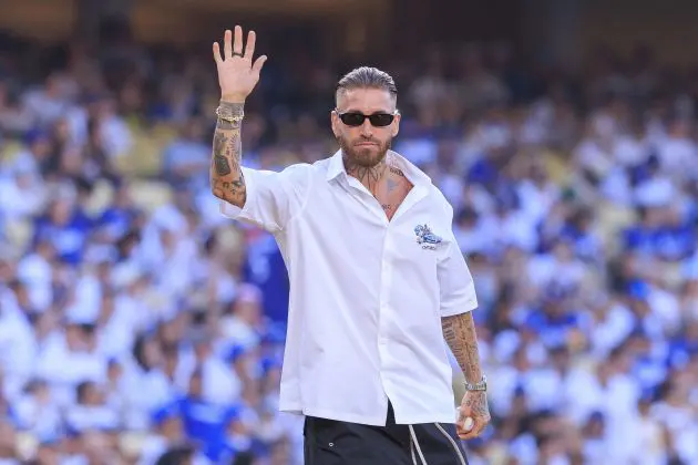 Sergio Ramos playing baseball throws the honorary first pitch prior to the regular season MLB game between the Los Angeles Dodgers and the San Diego Padres on Wednesday June 18, 2025 at Dodger Stadium in Los Angeles,