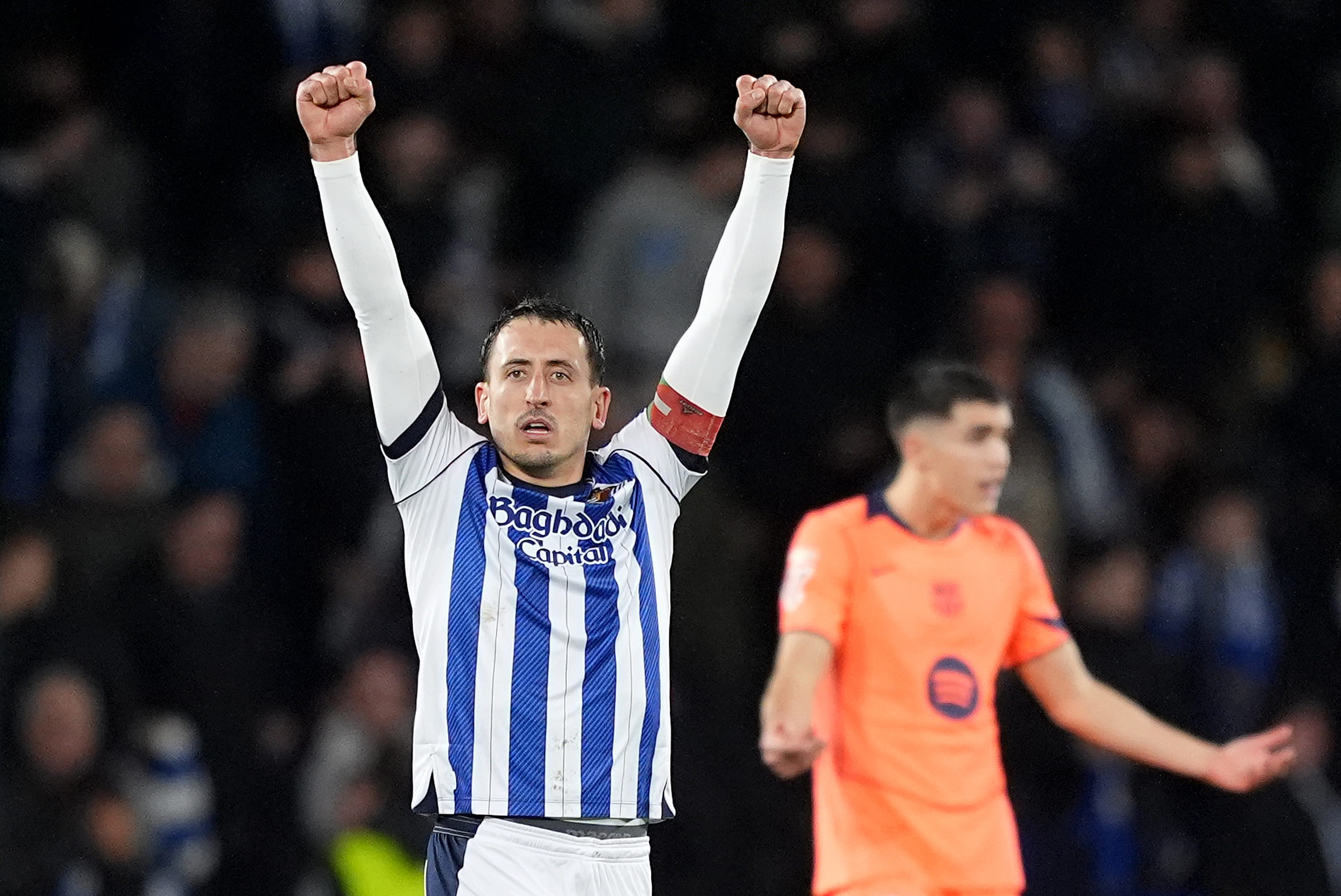 Oyarzabal celebrates against Barcelona.