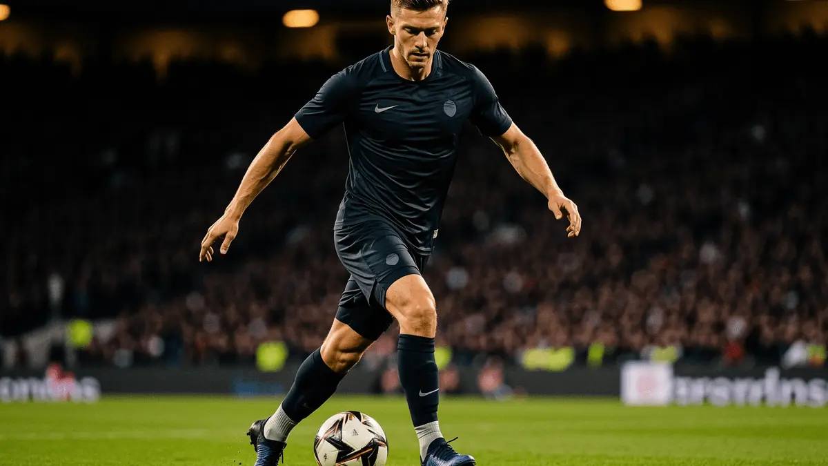 Professional midfielder controlling ball during European football match in packed stadium