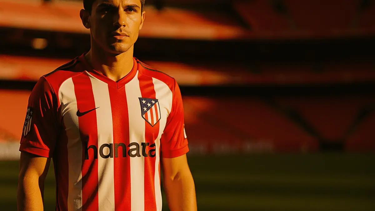 Atletico Madrid player at Wanda Metropolitano stadium in dramatic golden hour lighting