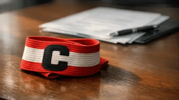 Atletico Madrid captain's armband on executive desk symbolizing difficult transfer decisions