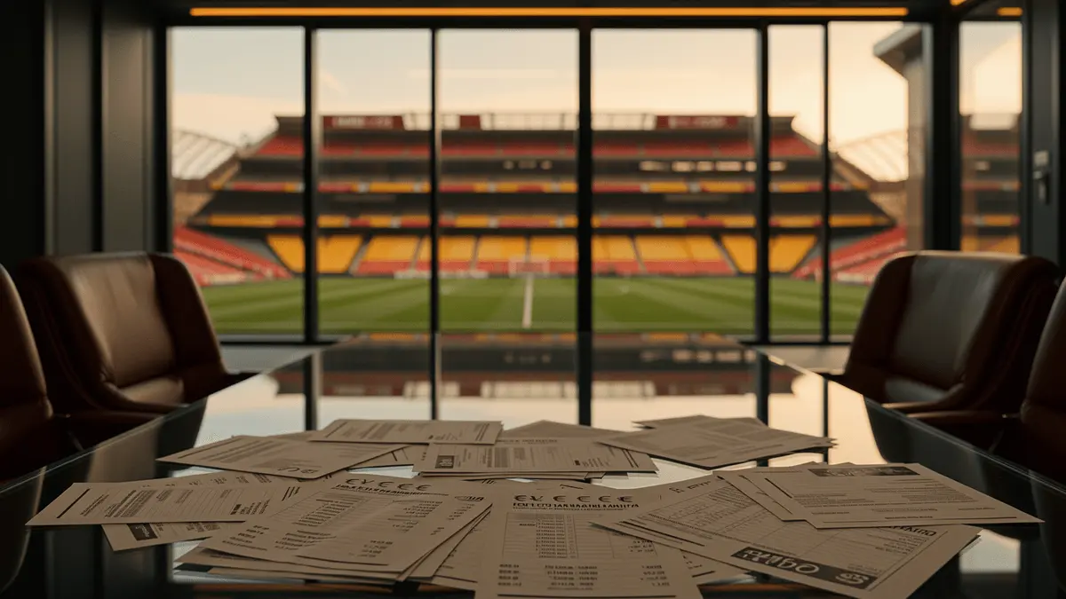 Modern football club boardroom with negotiation table and stadium view representing transfer deal tension