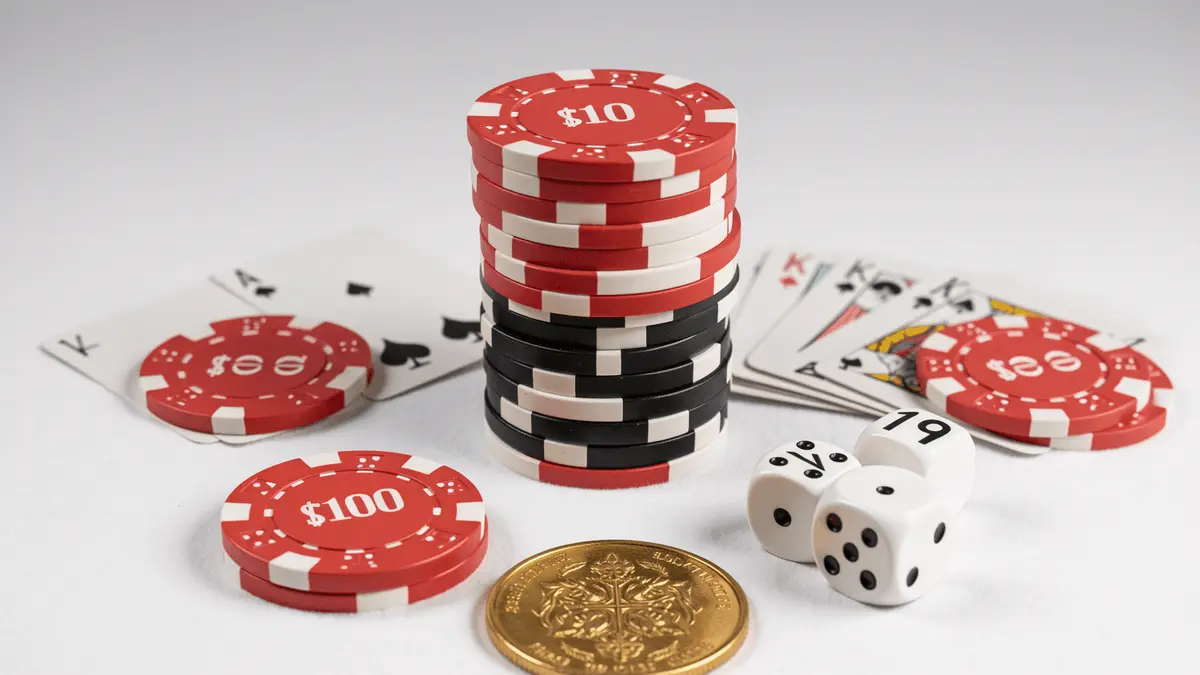 Stacked casino chips, playing cards, and dice on white felt table representing $10 minimum deposit casinos