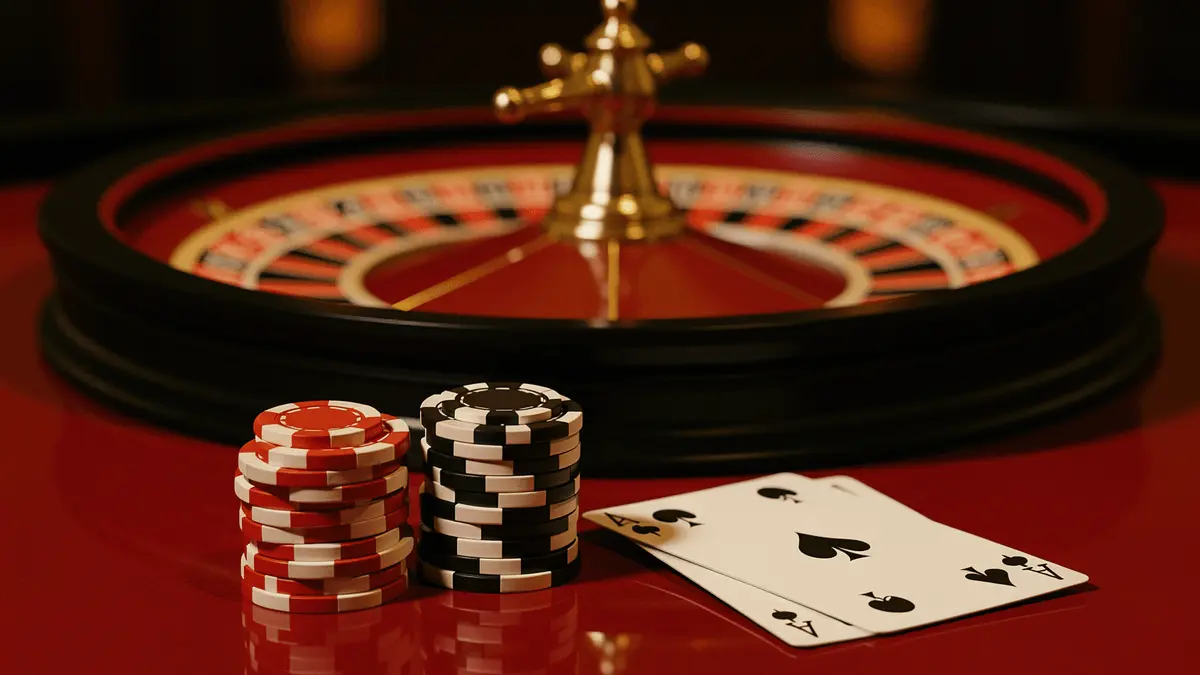 Casino roulette wheel with stacked poker chips and playing cards on table representing $20 deposit casinos