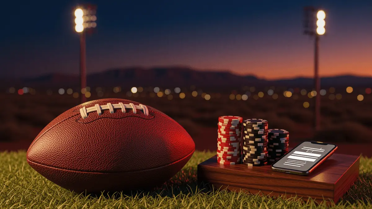Arizona football and casino chips with illuminated stadium, desert landscape and mobile betting interface