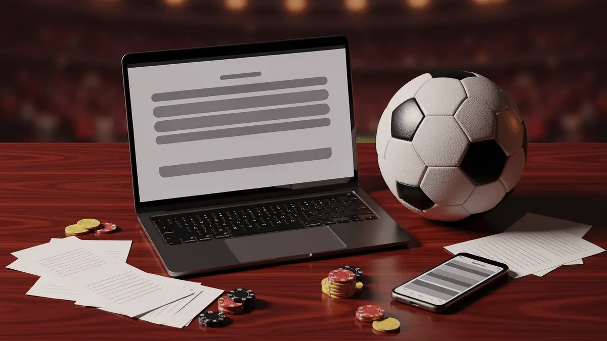 Football betting setup with laptop, soccer ball, betting slips and chips on premium table