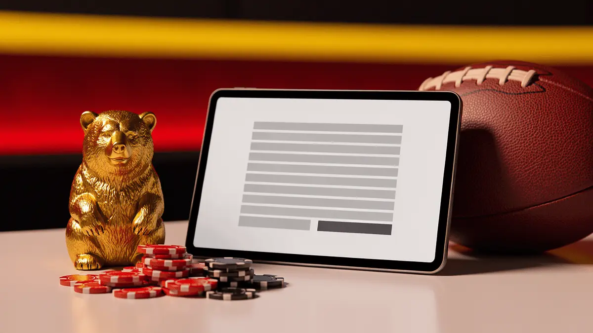California sports betting chips, golden bear icon, and betting interface on editorial desk
