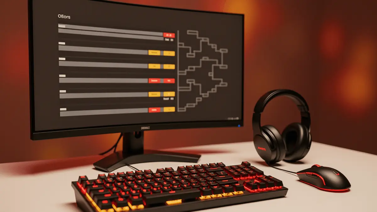Premium esports gaming setup with RGB keyboard, mouse, and headset on white desk beside monitor display