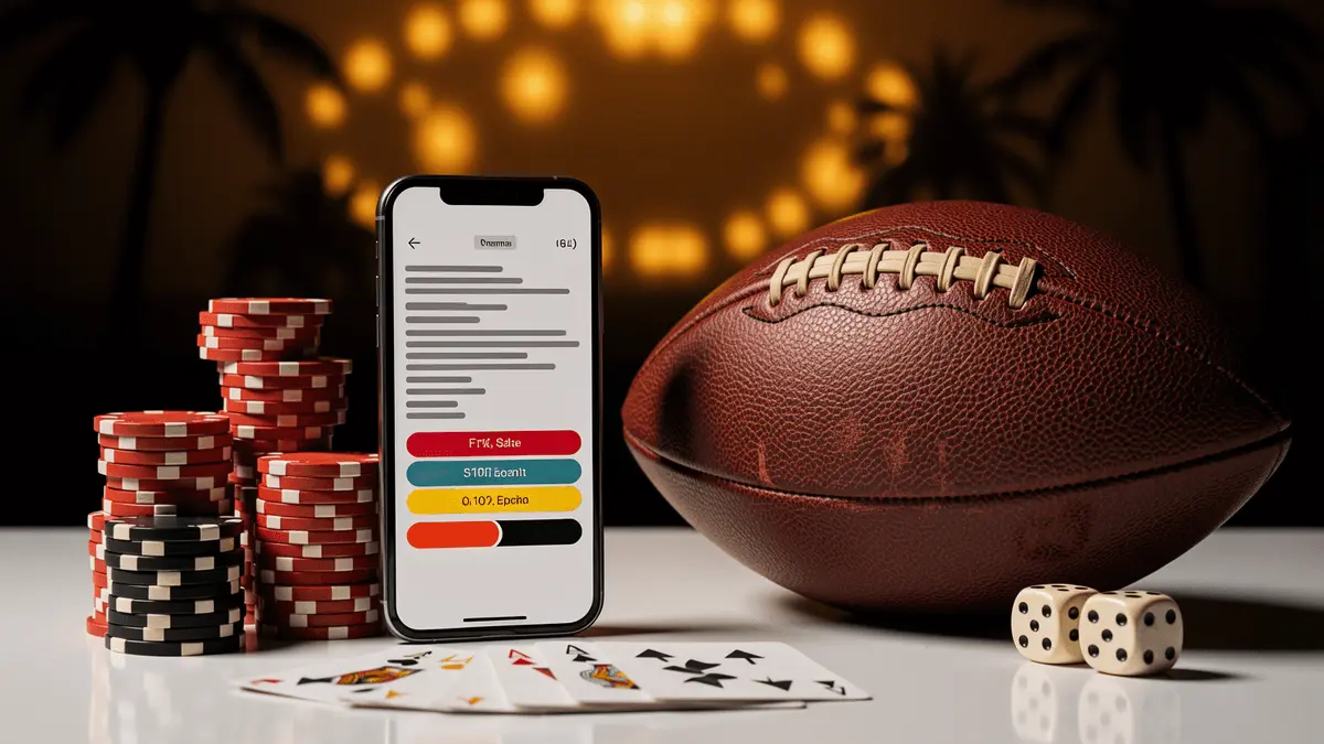 Florida sports betting scene with smartphone, football, casino chips, and cards on white surface