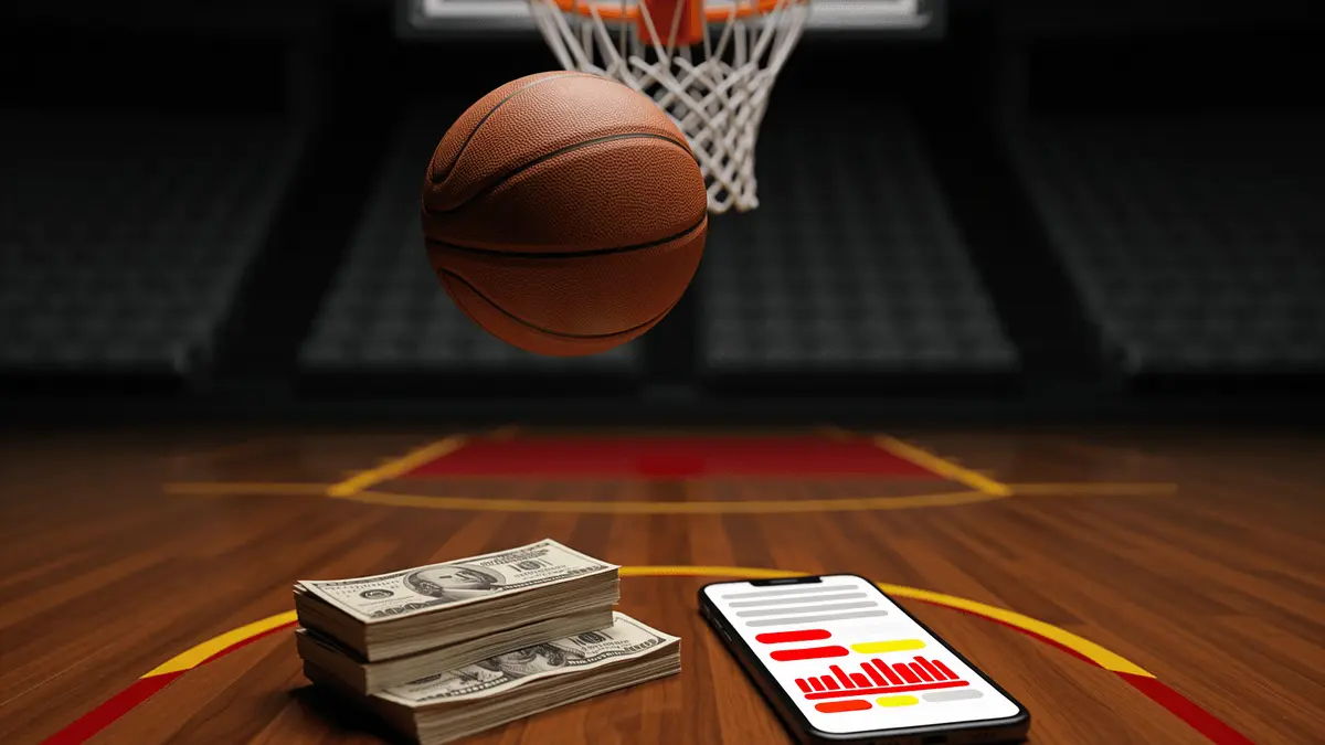 Basketball approaching hoop over hardwood court with cash and smartphone showing betting interface wireframe