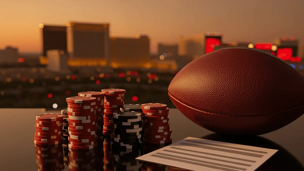 Nevada sportsbook scene with casino chips, football and Las Vegas Strip skyline at golden hour