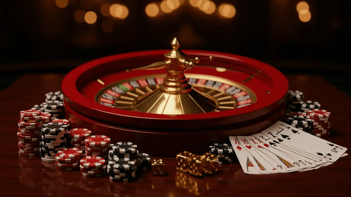 Roulette wheel with stacked casino chips and playing cards on polished table with warm bokeh casino lights