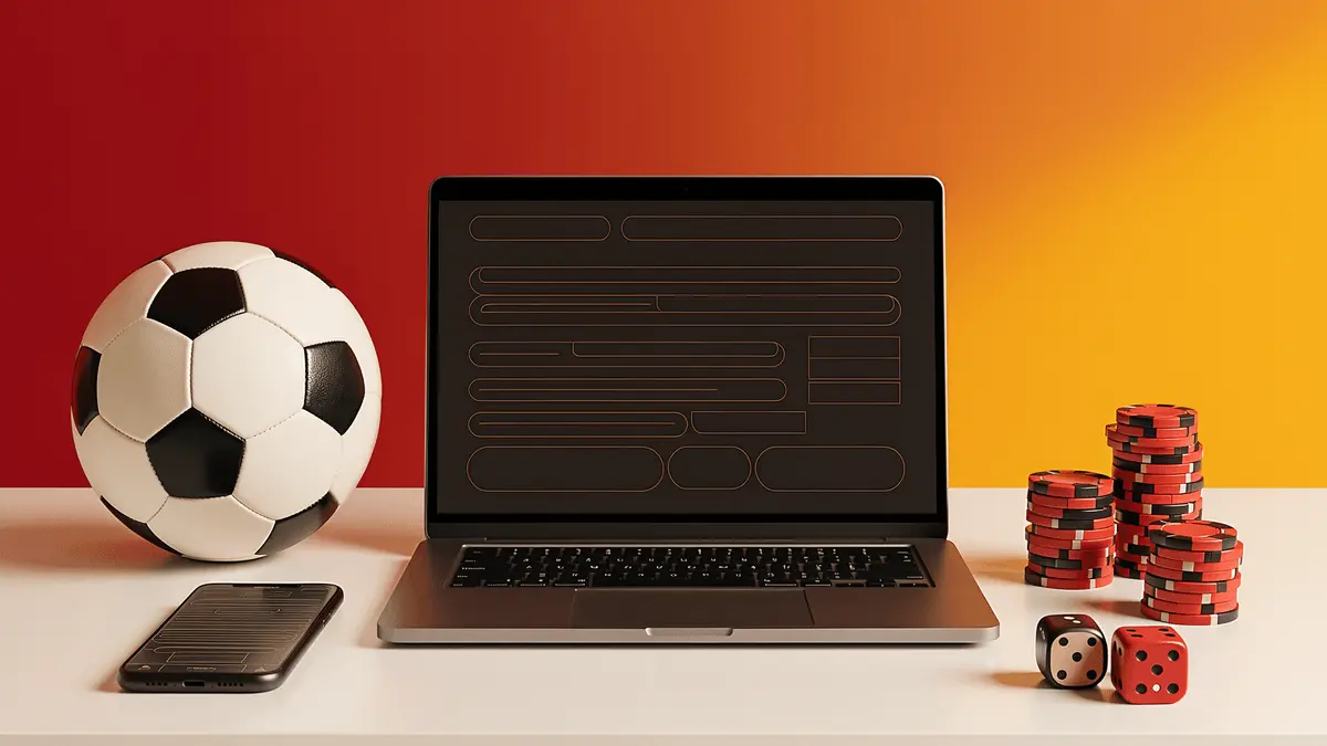 Laptop and smartphone displaying sports betting interfaces with soccer ball and gaming chips on white desk