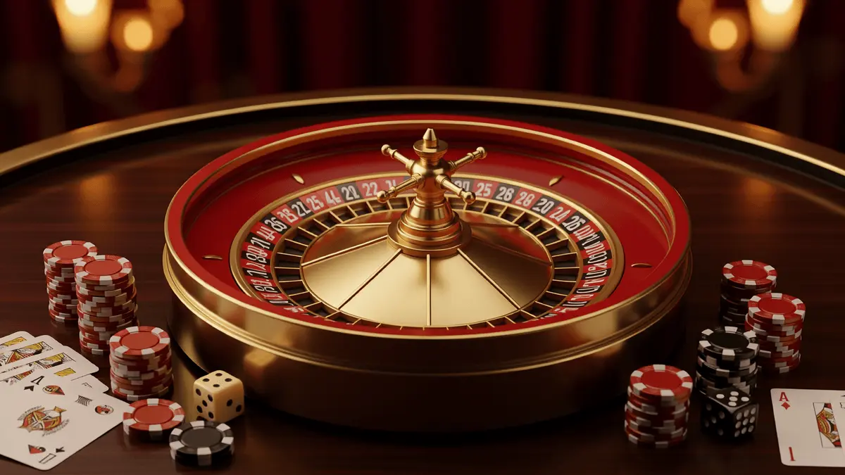 Roulette wheel with casino chips and playing cards on table in premium lighting