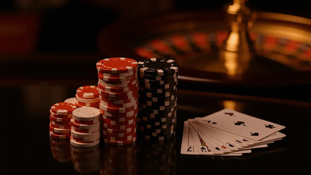Stacked casino chips and playing cards on reflective table with roulette wheel in background