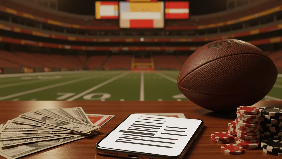 Texas football stadium with betting slips, smartphone, stacked chips, and dollar bills on table under stadium lights