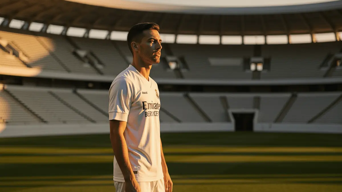 Real Madrid footballer standing alone on Bernabéu pitch in contemplative moment during golden hour