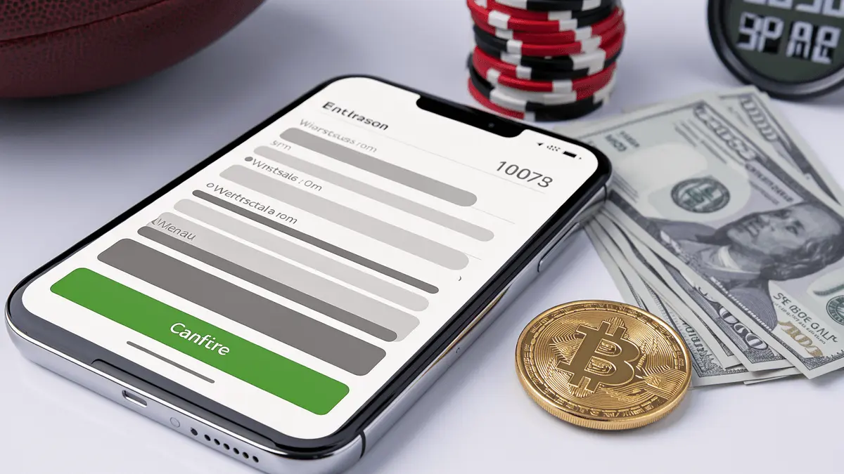 Smartphone showing fast sportsbook withdrawal interface with casino chips, cash, and Bitcoin coin on white desk