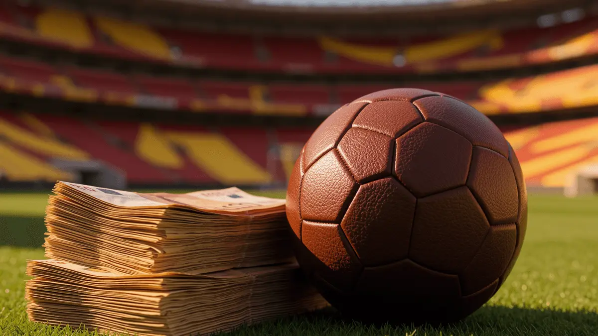 Euro banknotes and premium football in modern stadium representing Real Madrid's record transfer pursuit