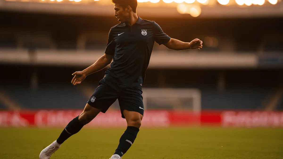Professional footballer delivering a cross from left-back position in stadium at golden hour