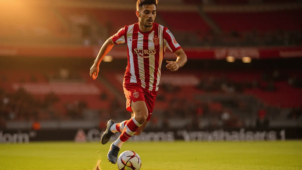 Professional footballer in red and white attacking down the wing in dynamic stadium setting