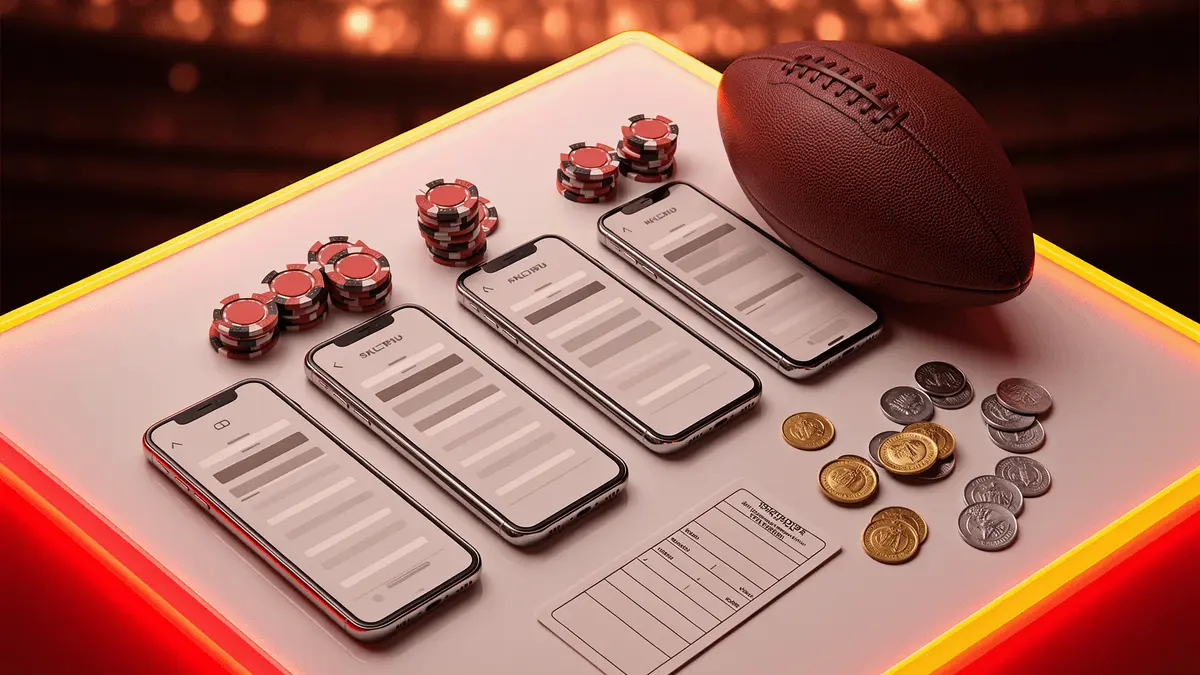 New betting sites for 2026 with smartphones showing sports betting apps, casino chips, football, and cards