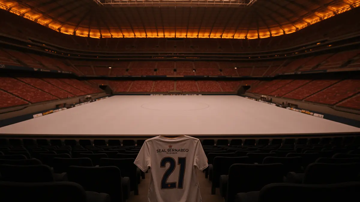 Real Madrid Bernabéu stadium interior with jersey symbolizing Nico Páz's return via buyback clause