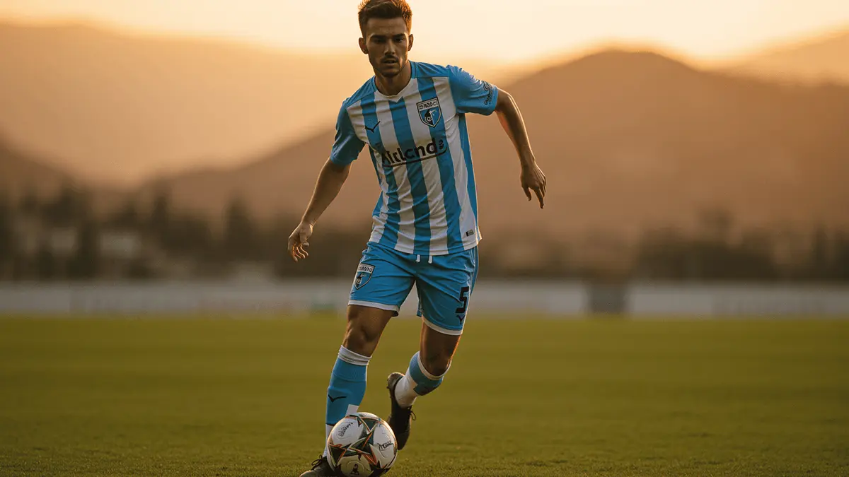 Nico Paz playing for Como 1907 in blue striped jersey on football pitch at sunset