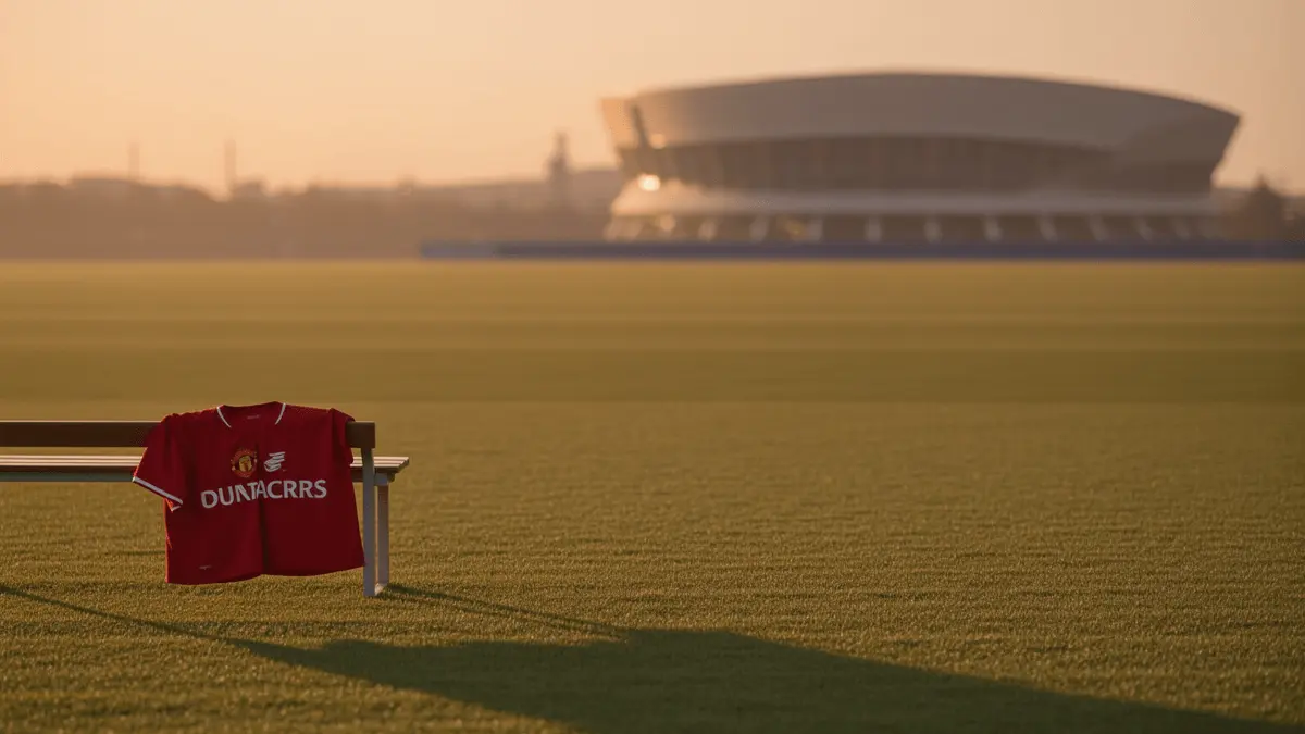 Manchester United jersey on training pitch with Barcelona stadium in distance at sunset